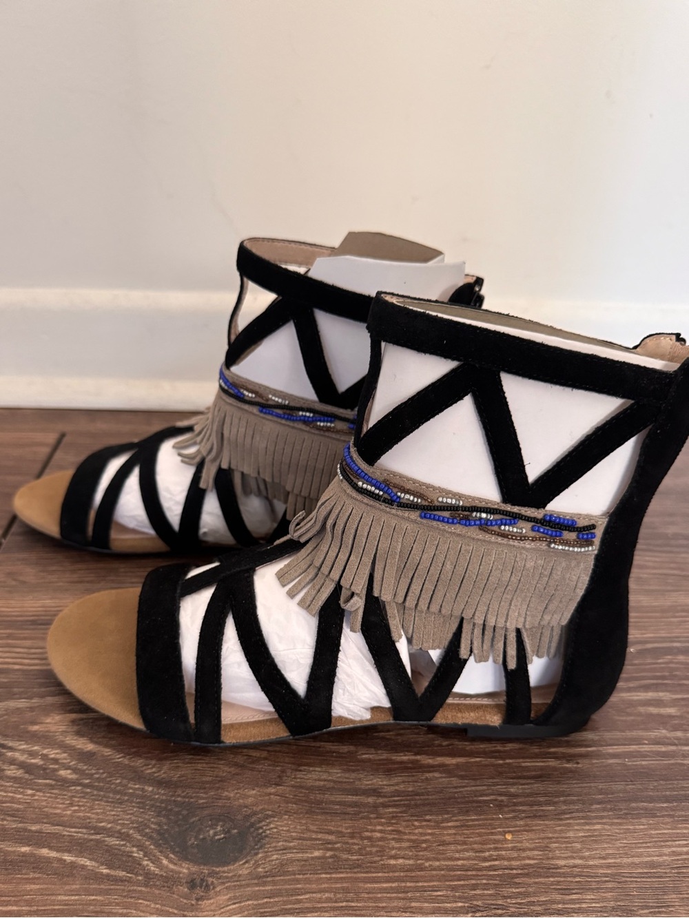 House of Harlow Fringe Beaded Black Suede Gladiator Sandals - size 9
